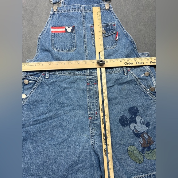 Mickey Mouse Denim Overall Bib Shorts Sz L USA Theme Blue Big Mickey Graphic - Picture 14 of 16